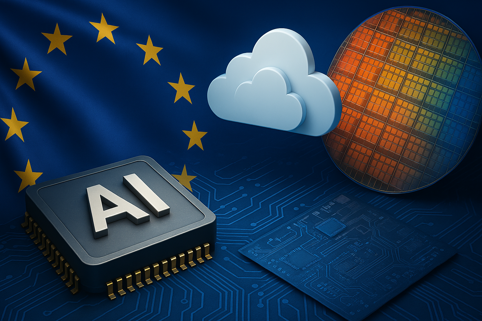 Illustratie van Europa in een technologische strijd met symbolen van AI, cloud en chips