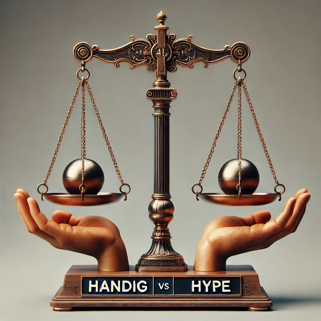 Deze afbeelding weergeeft een weegschaal met enerzijds het woord ‘Hype’ en anderszijds het woord ‘handig’